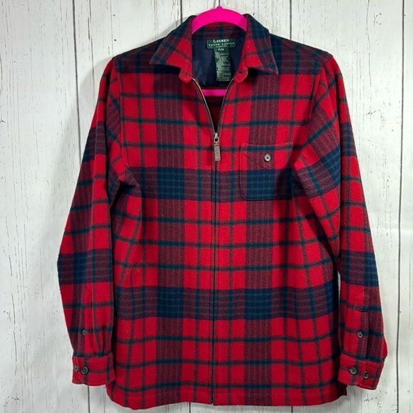 Lauren Ralph Lauren 100% Lambswool Plaid Pullover Shirt Jacket Red Navy Tartan - Picture 1 of 15